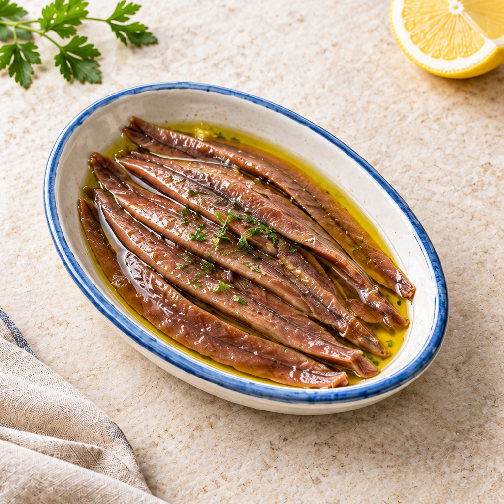 Presentación ilustrativa de lomos de anchoa
